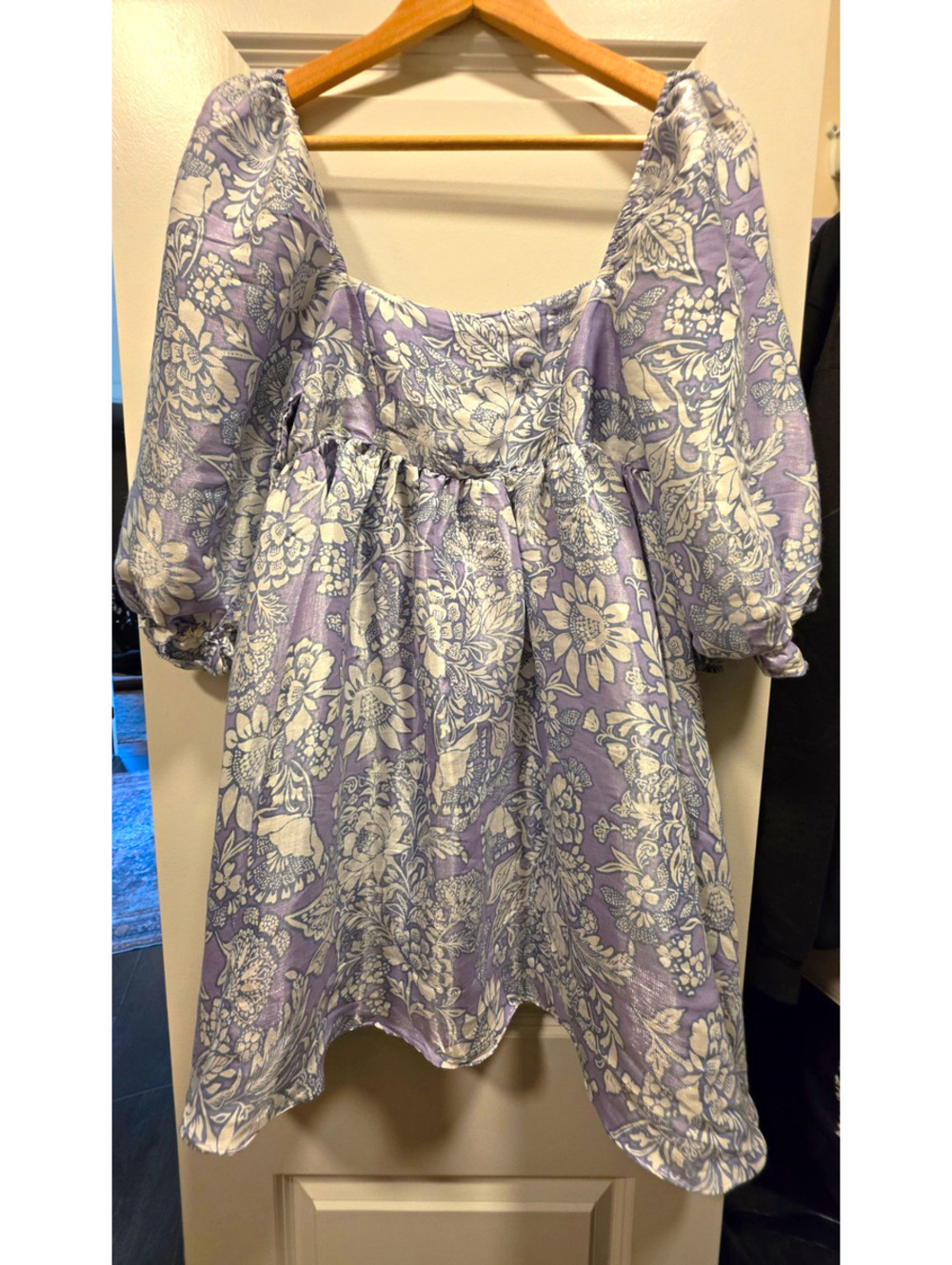 Storia Purple White Floral Square Neck Puff Sleeve Babydoll Mini Dress S